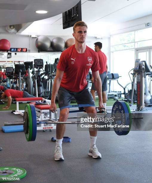 Rob Holding of Arsenal during a training session at London Colney on July 12, 2018 in St Albans, England.