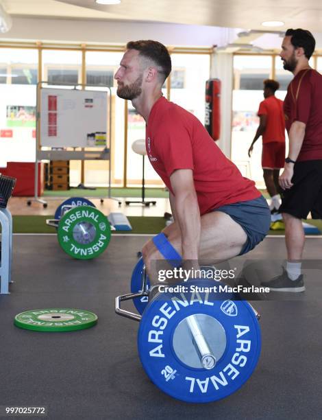 Shkodran Mustafi of Arsenal during a training session at London Colney on July 12, 2018 in St Albans, England.