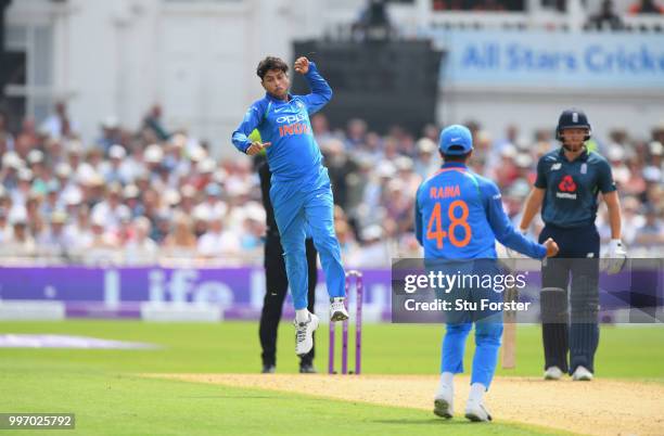 India bowler Kuldeep Yadav celebrates after dismissing Joe Root during the 1st Royal London One Day International match between England and India at...