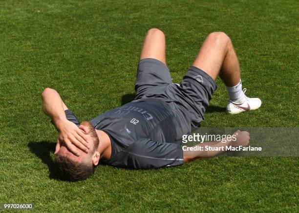 Shkodran Mustafi of Arsenal after a training session at London Colney on July 12, 2018 in St Albans, England.