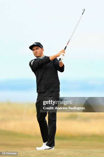 Rickie Fowler of USA takes his third shot on hole sixteen during day one of the Aberdeen Standard Investments Scottish Open at Gullane Golf Course on...