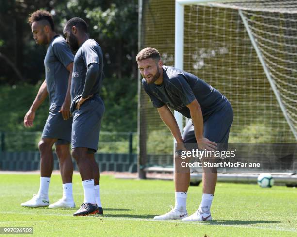 Shkodran Mustafi of Arsenal during a training session at London Colney on July 12, 2018 in St Albans, England.