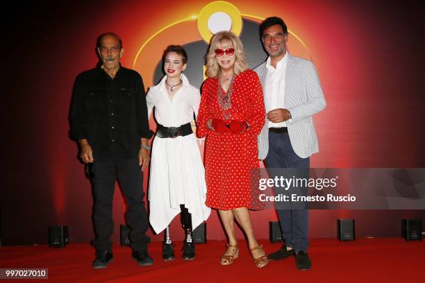 Orso Maria Guerrini, Bebe Vio,ÊAmanda Lear andÊTiberio Timperi attends the 'Gli Incredibili 2' photocall at Hotel De Russie on July 12, 2018 in Rome,...
