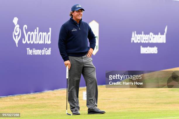 Phil Mickelson of USA waits to putt on hole eighteen during day one of the Aberdeen Standard Investments Scottish Open at Gullane Golf Course on July...