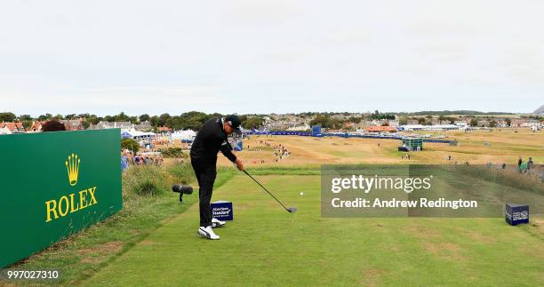 Rickie Fowler of USA takes his tee shot on hole eighteen during day one of the Aberdeen Standard Investments Scottish Open at Gullane Golf Course on...