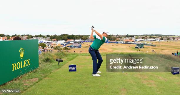 Justin Rose of England takes his tee shot on hole eighteen during day one of the Aberdeen Standard Investments Scottish Open at Gullane Golf Course...