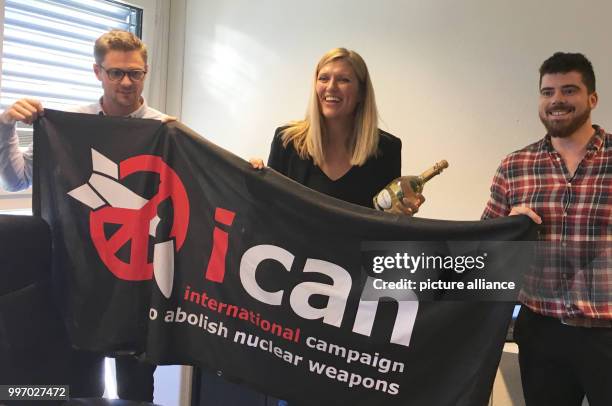 Beatrice Fihn of the International Campaign to Abolish Nuclear Weapons speaks to journalists after the announcement of the Nobel Peace Prize in...