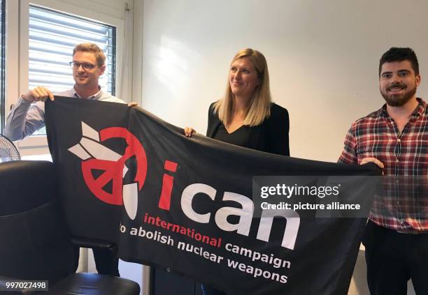 Beatrice Fihn of the International Campaign to Abolish Nuclear Weapons speaks to journalists after the announcement of the Nobel Peace Prize in...