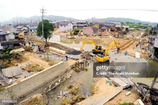 Floodwaters remain after water recede on July 12, 2018 in Kurashiki, Okayama, Japan. The death toll from the torrential rain in western Japan due to...