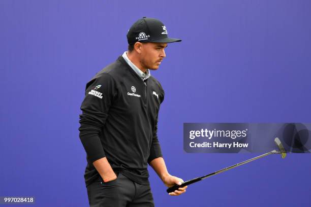 Rickie Fowler of USA waits to putt on hole eighteen during day one of the Aberdeen Standard Investments Scottish Open at Gullane Golf Course on July...