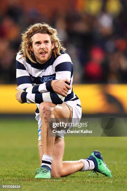 Cameron Guthrie of the Cats looks on dejected after the final siren during the round 17 AFL match between the Adelaide Crows and the Geelong Cats at...