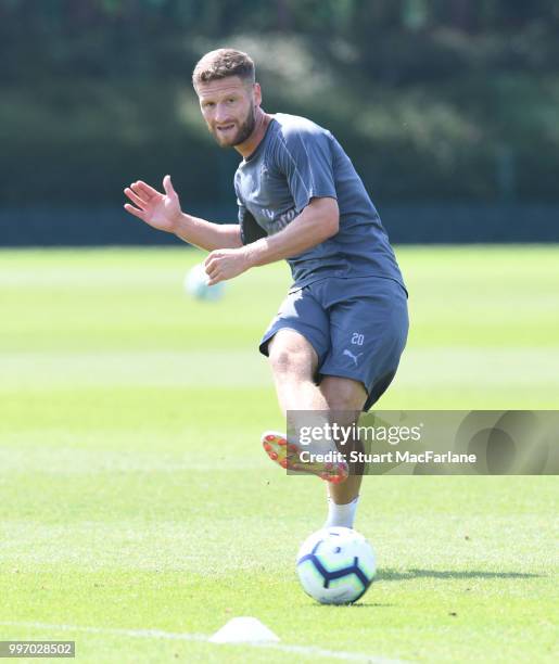 Shkodran Mustafi of Arsenal during a training session at London Colney on July 12, 2018 in St Albans, England.