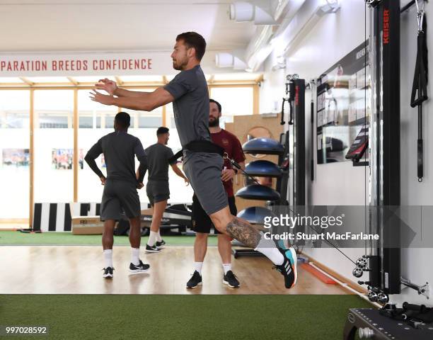 Aaron Ramsey of Arsenal during a training session at London Colney on July 12, 2018 in St Albans, England.
