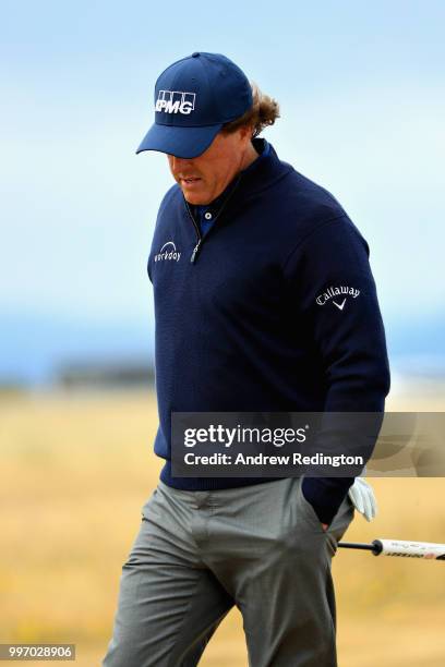 Phil Mickelson of USA walks, on hole sixteen during day one of the Aberdeen Standard Investments Scottish Open at Gullane Golf Course on July 12,...