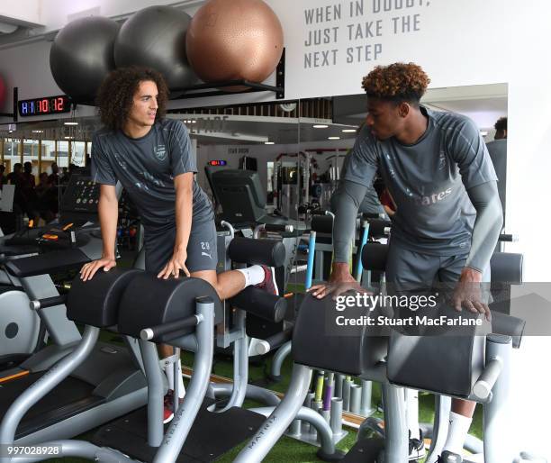 Matteo Guendouzi and Jeff Reine-Adelaide of Arsenal during a training session at London Colney on July 12, 2018 in St Albans, England.