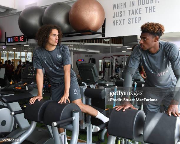 Matteo Guendouzi and Jeff Reine-Adelaide of Arsenal during a training session at London Colney on July 12, 2018 in St Albans, England.