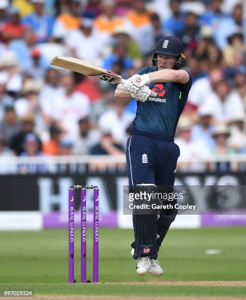 England captain Eoin Morgan his out for six runs during the Royal London One-Day match between England and India at Trent Bridge on July 12, 2018 in...