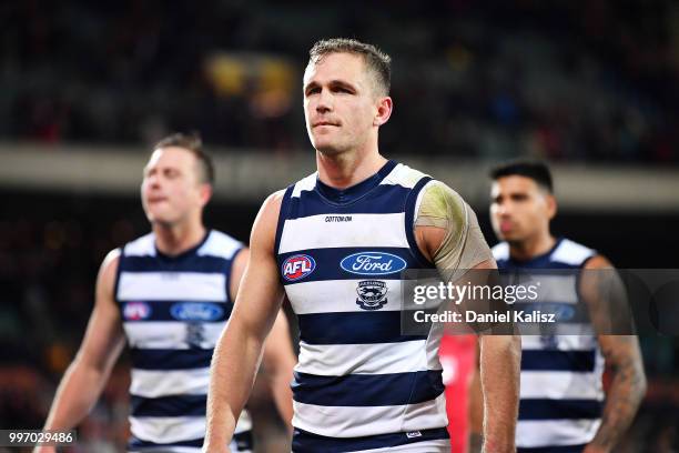 Joel Selwood of the Cats walks from the ground after the round 17 AFL match between the Adelaide Crows and the Geelong Cats at Adelaide Oval on July...