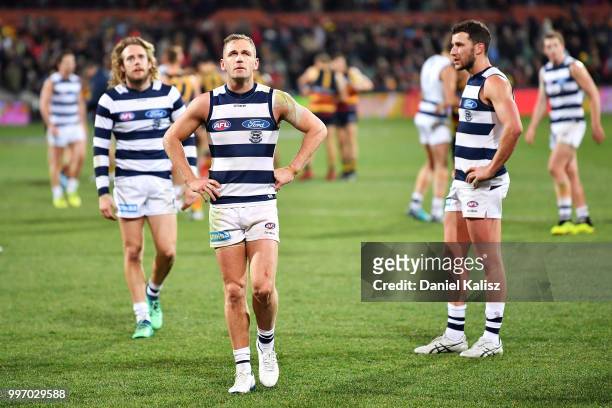 Joel Selwood of the Cats walks from the ground after the round 17 AFL match between the Adelaide Crows and the Geelong Cats at Adelaide Oval on July...