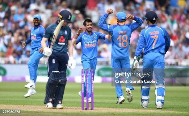 Yuzvendra Chahal of India celebrates dismissing England captain Eoin Morgan during the Royal London One-Day match between England and India at Trent...