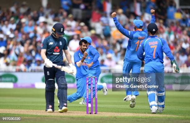 Yuzvendra Chahal of India celebrates dismissing England captain Eoin Morgan during the Royal London One-Day match between England and India at Trent...