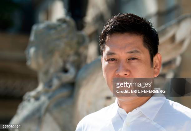 Japanese sculptor Kohei Nawa poses on July 12, 2018 at Hotel Salomon de Rotschild during launch of the exhibition Fukami dedicated to Japanese...