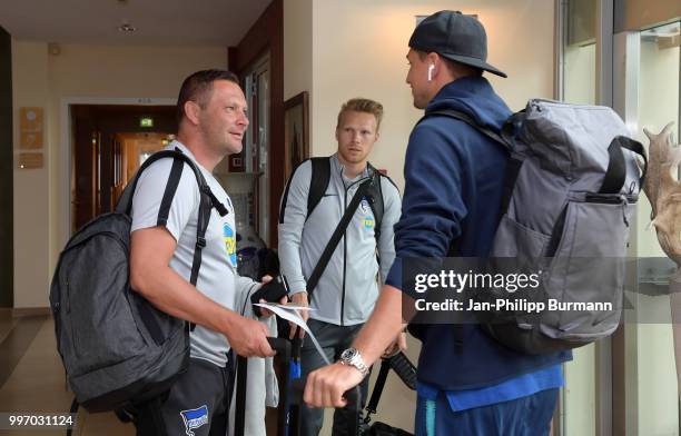 Coach Pal Dardai, Dominik Wohlert and Niklas Stark of Hertha BSC during a training camp on July 12, 2018 in Neuruppin, Germany.