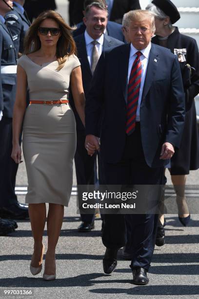 President Donald Trump and First Lady Melania Trump arrive at Stansted Airport on July 12, 2018 in Essex, England. The President of the United States...