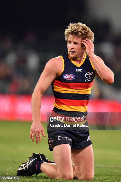 Rory Sloane of the Crows is pictured during the round 17 AFL match between the Adelaide Crows and the Geelong Cats at Adelaide Oval on July 12, 2018...