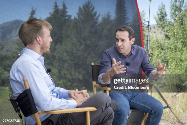 Marcos Galperin, co-founder and chief executive officer of MercadoLibre Inc., right, speaks during a Bloomberg Television interview at the Allen &...