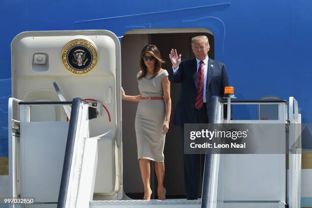 President Donald Trump and First Lady Melania Trump arrive at Stansted Airport on July 12, 2018 in Essex, England. The President of the United States...