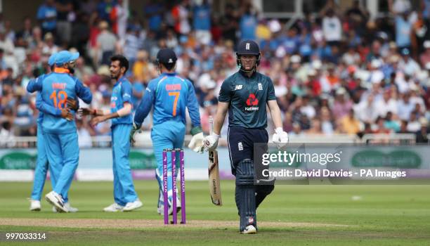 England captain Eoin Morgan is dismissed by India's Yuzvendra Chahal during the One Day International Series match at Trent Bridge, Nottingham.