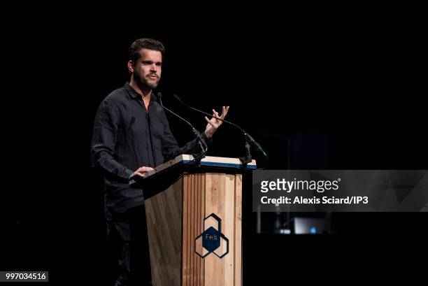 Tomas Diez, Fab Lab Barcelona's director, attends the first conference at the City Summit at Grande Halle de La Villette on July 12, 2018 in Paris,...