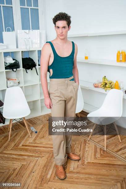 Model is seen backstage before the Carlota Barrera fashion show during the Mercedes-Benz Fashion Week Madrid Spring/Summer 2019 on July 12, 2018 in...