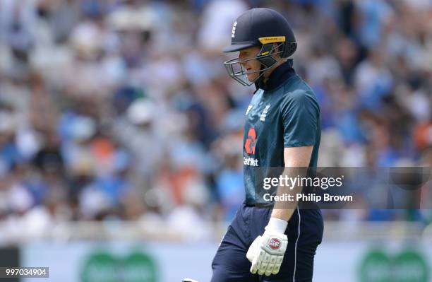 Eoin Morgan of England leaves the field after being dismissed during the 1st Royal London One-Day International between England and India on July 12,...