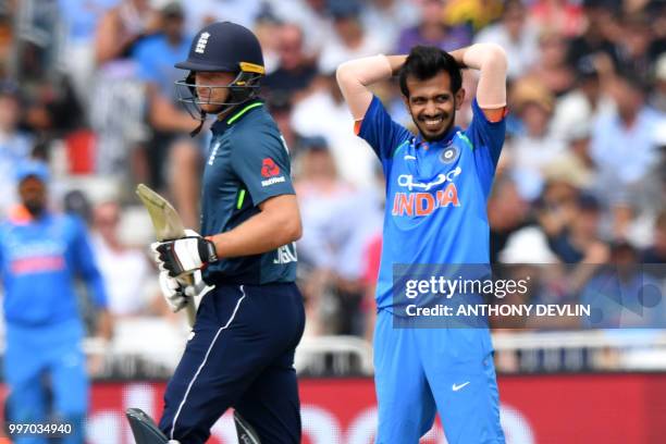 India's Yuzvendra Chahal reacts during the One Day International cricket match between England and India at Trent Bridge in Nottingham central...