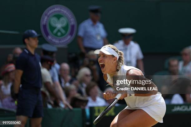 Germany's Angelique Kerber celebrates after beating Latvia's Jelena Ostapenko 6-3, 6-3 in their women's singles semi-final match on the tenth day of...