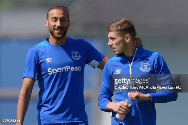 Cenk Tosun and Jonjoe Kenny of Everton during the Everton training session on July 12, 2018 in Bad Mitterndorf, Austria.