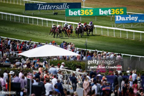 Frankie Dettori riding Advertise win The Arqana July Stakes at Newmarket Racecourse on July 12, 2018 in Newmarket, United Kingdom.