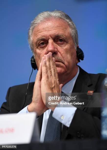 Dimitris Avramopoulos, Commissioner for Migration, Home Affairs and Citizenship of the European Commission, speaks at a press conference during the...