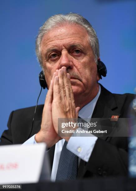 Dimitris Avramopoulos, Commissioner for Migration, Home Affairs and Citizenship of the European Commission, speaks at a press conference during the...