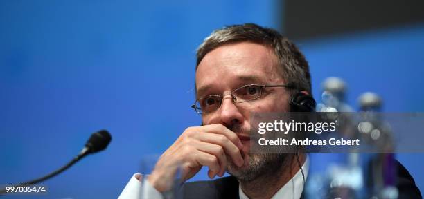 Interior Minister Herbert Kickl of Austria speaks at a press conference during the European Union member states' interior and justice ministers...