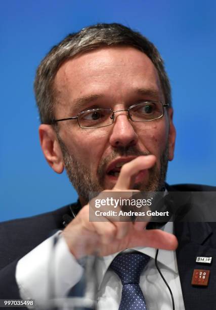 Interior Minister Herbert Kickl of Austria speaks at a press conference during the European Union member states' interior and justice ministers...