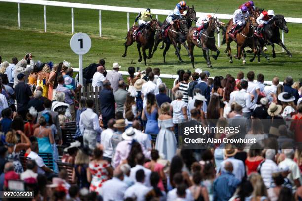 Frankie Dettori riding Advertise win The Arqana July Stakes at Newmarket Racecourse on July 12, 2018 in Newmarket, United Kingdom.