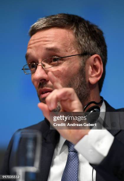 Interior Minister Herbert Kickl of Austria speaks at a press conference during the European Union member states' interior and justice ministers...