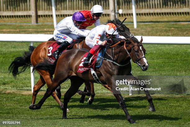 Frankie Dettori riding Advertise win The Arqana July Stakes at Newmarket Racecourse on July 12, 2018 in Newmarket, United Kingdom.