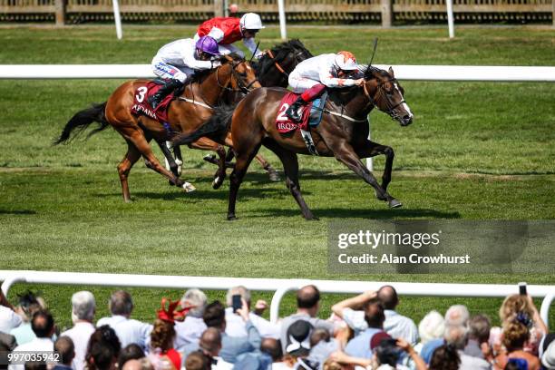 Frankie Dettori riding Advertise win The Arqana July Stakes at Newmarket Racecourse on July 12, 2018 in Newmarket, United Kingdom.