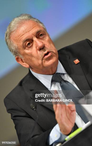 Migration Commissioner Dimitris Avramopoulos attends a press conference at the informal meeting of justice and interior ministers of the EU and the...