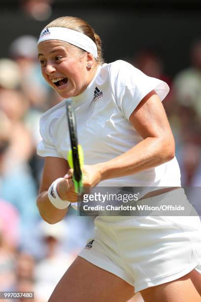 Womens Singles, Semi-Finals - Jelena Ostapenko v Angelique Kerber - Jelena Ostapenko at All England Lawn Tennis and Croquet Club on July 12, 2018 in...