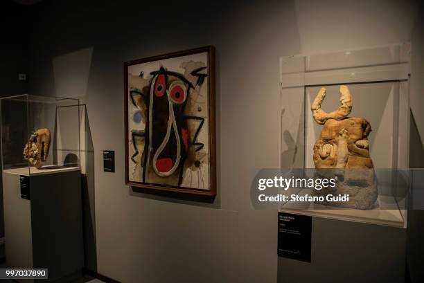 Sculptures and paintings by the painter Joan Miro during on exhibition of famous painter Joan Mirò at the Palazzo Chiablese.